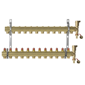 Коллекторы Danfoss FHF-12 set для 12 контуров, с преднастройкой, в комплекте с двумя автоматическими воздухоотводчиками и кронштейнами, арт. 088U0712