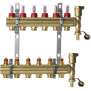 Коллекторы Danfoss FHF-6F set для 6 контуров, с преднастройкой и расходомерами, в комплекте с двумя автоматическими воздухоотводчиками и кронштейнами, арт. 088U0726 